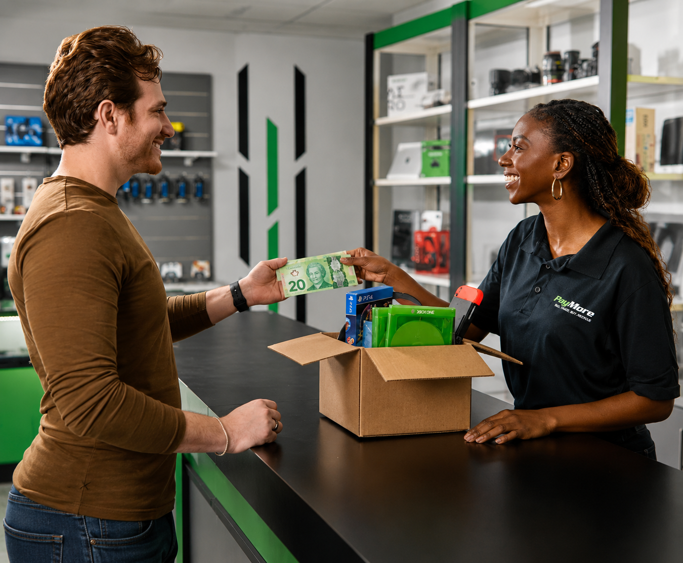 man getting paid cash for electronics